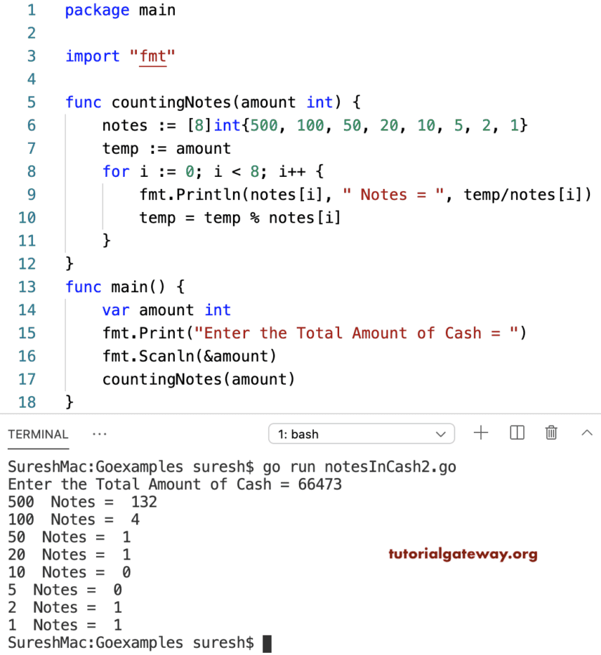 Golang Program to Count Total Notes in an Amount