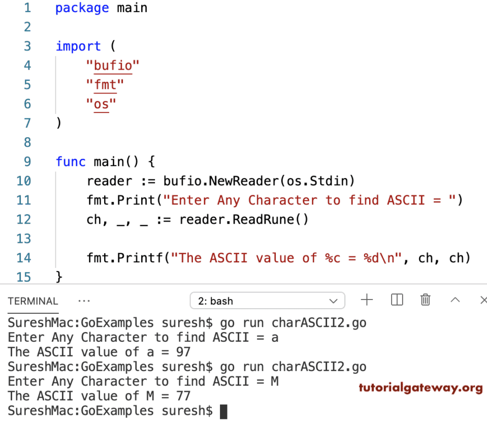 Golang Program to Find ASCII Value of a Character