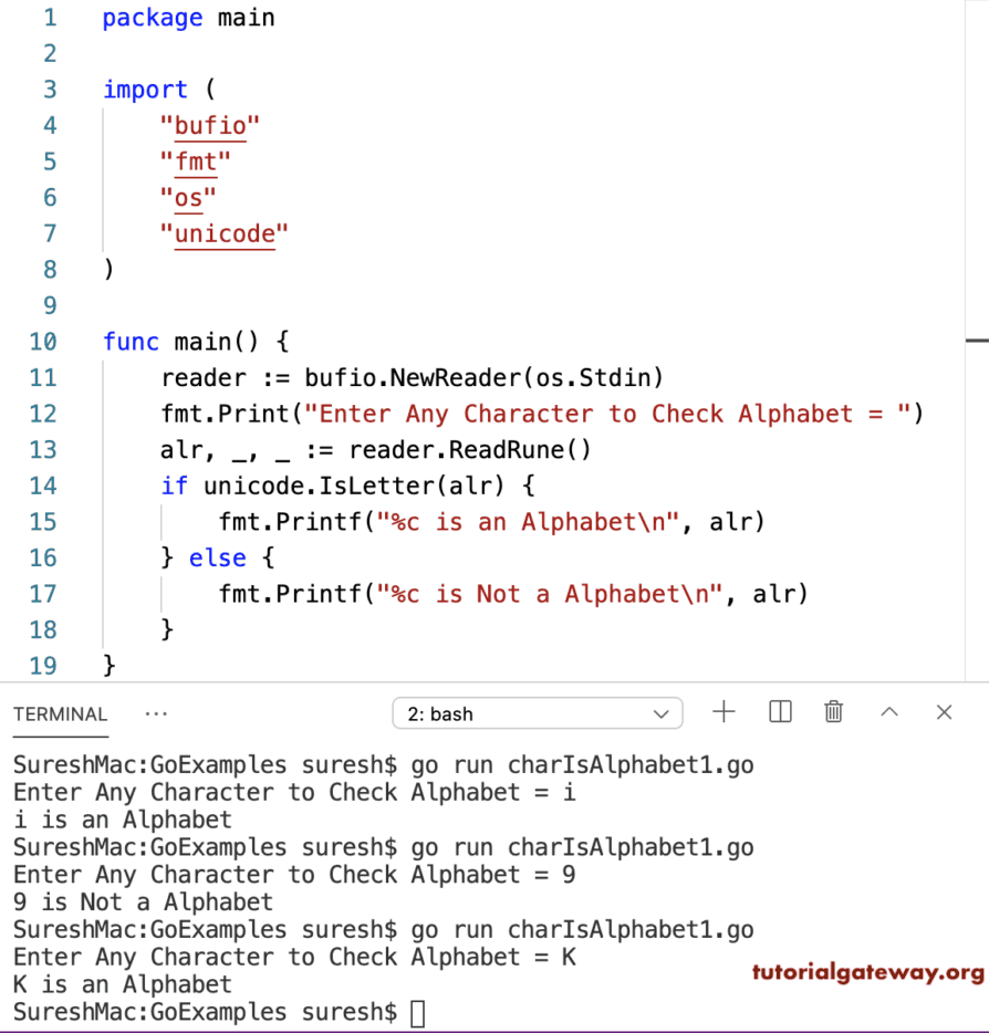Go Program to Find Character in an Alphabet