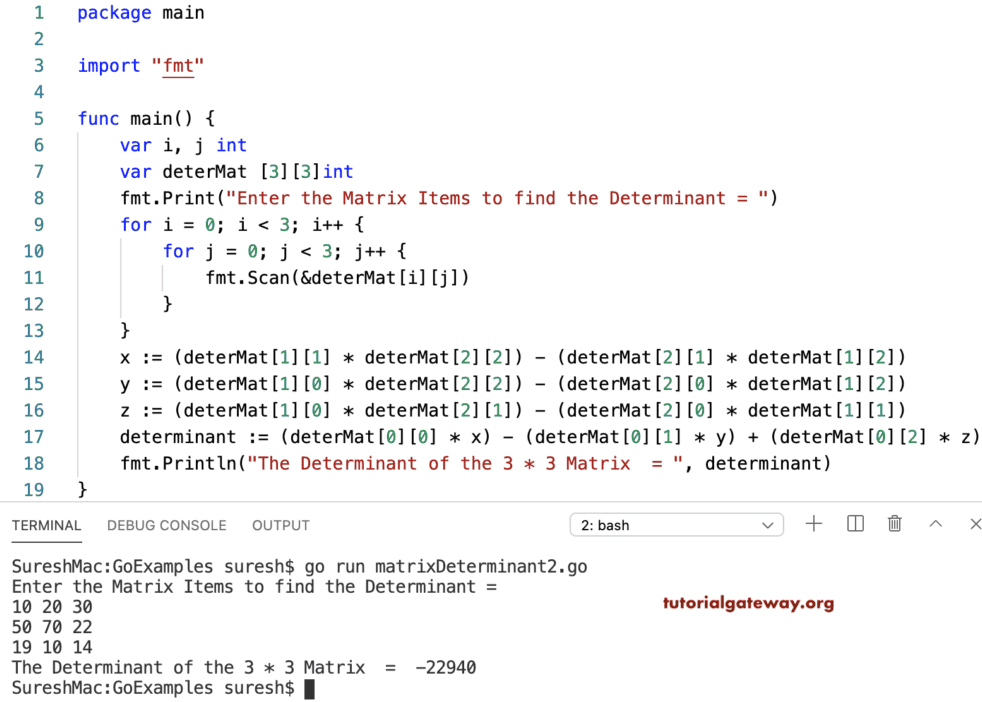 Golang Program to Find Determinant of a Matrix