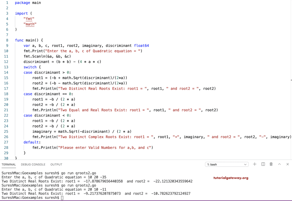 Golang Program to calculate Roots of a Quadratic Equation