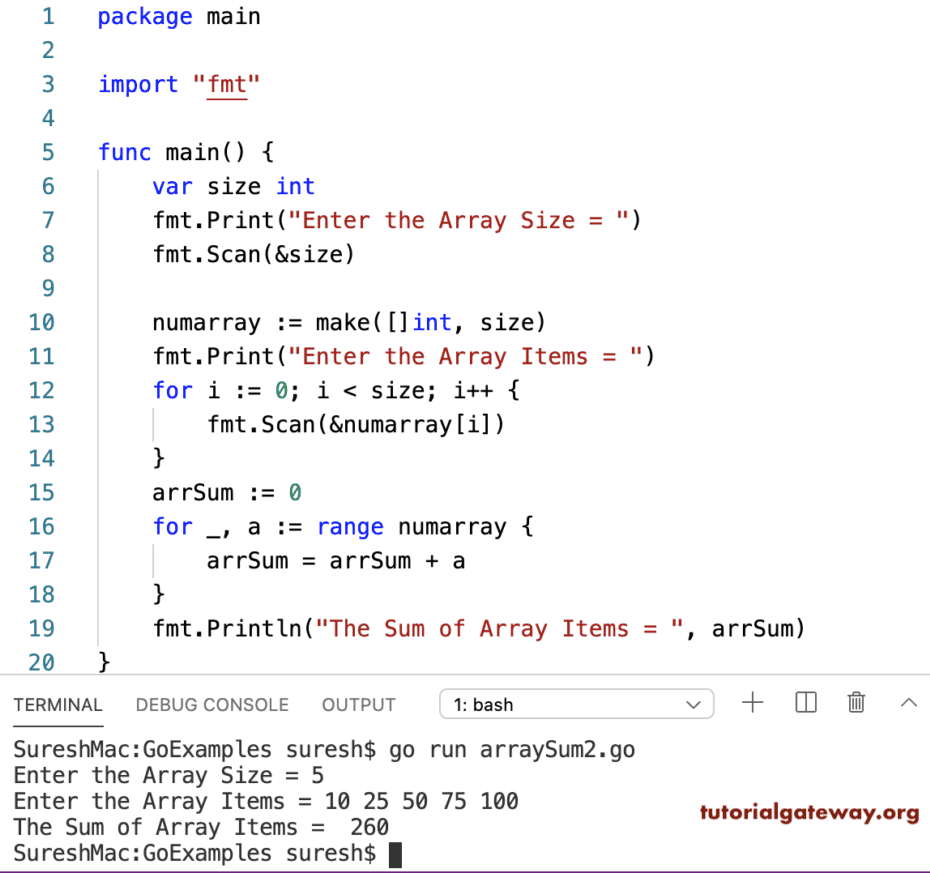 Go Program to Find Sum of Array Items
