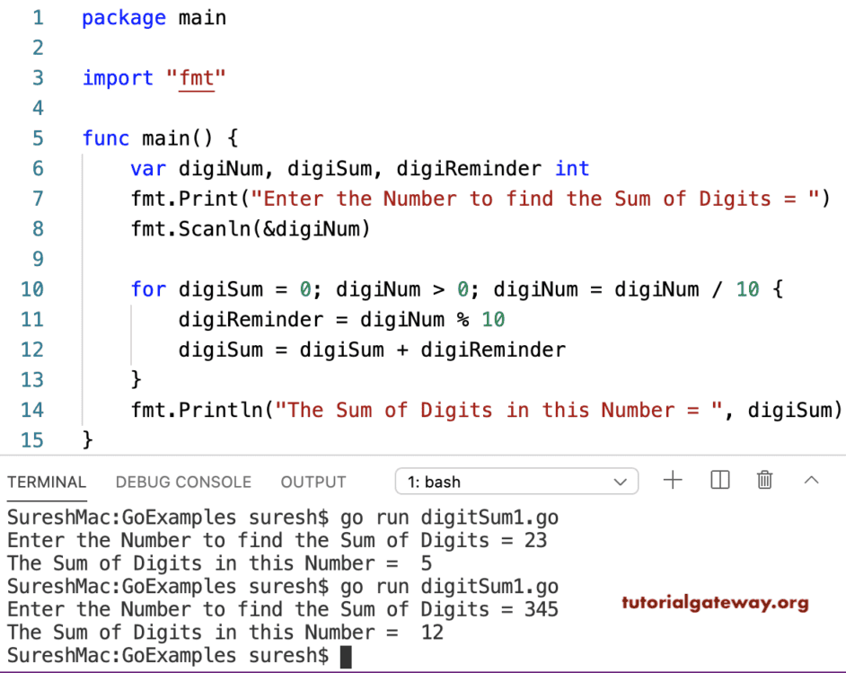 Go Program to Find Sum of Digits in a Number