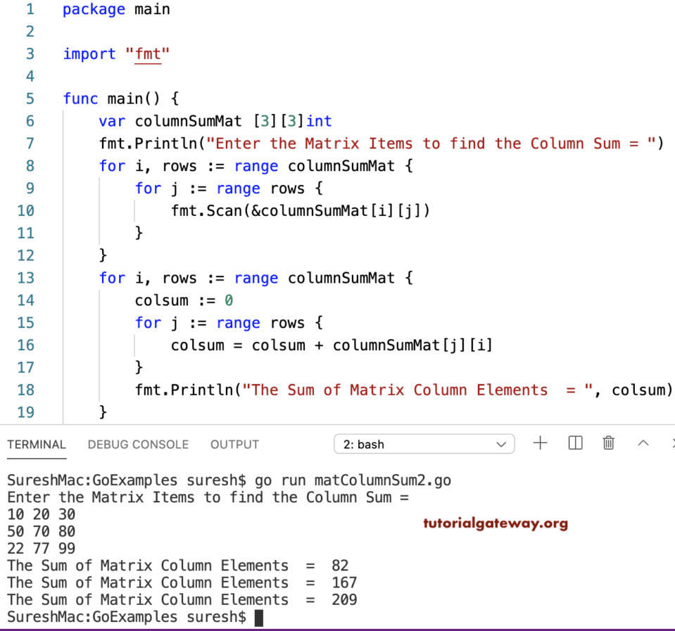 Go Program to Find Sum of Each Matrix Column
