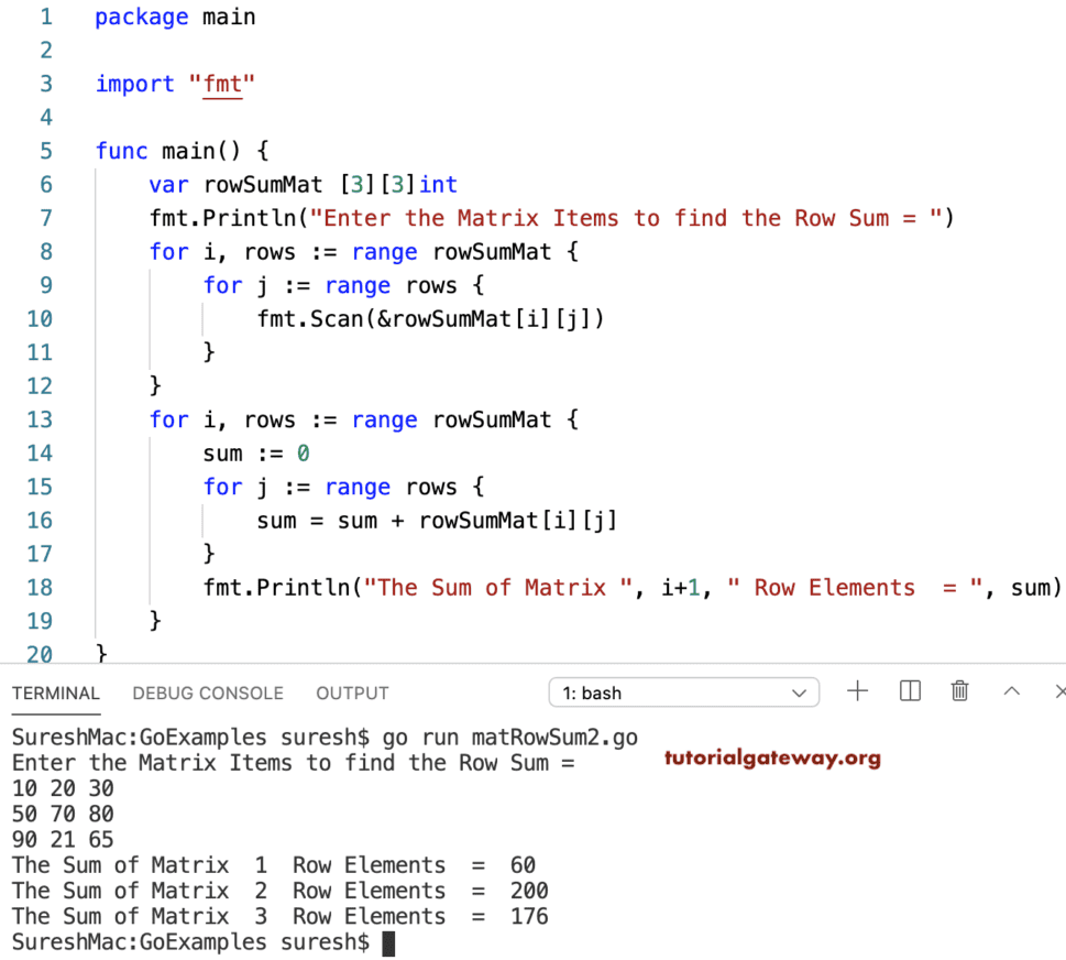 Golang Program to Find Sum of Each Row in a Matrix