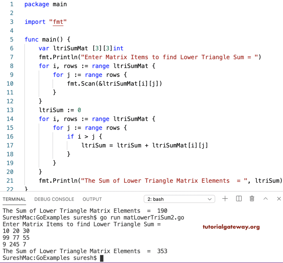 Golang Program to Find Sum of Matrix Lower Triangle