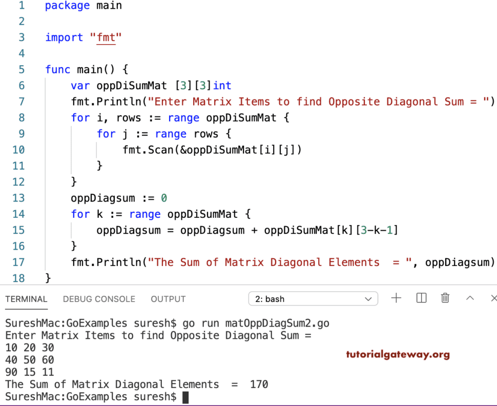 Go Program to Find Sum of Matrix Opposite Diagonal
