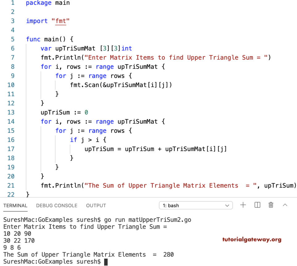 Golang Program to Find Sum of Matrix Upper Triangle