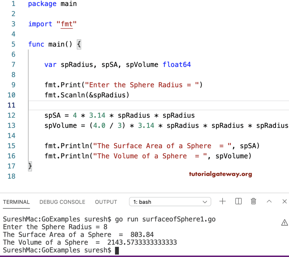 Go Program to Find Volume and Surface Area of a Sphere