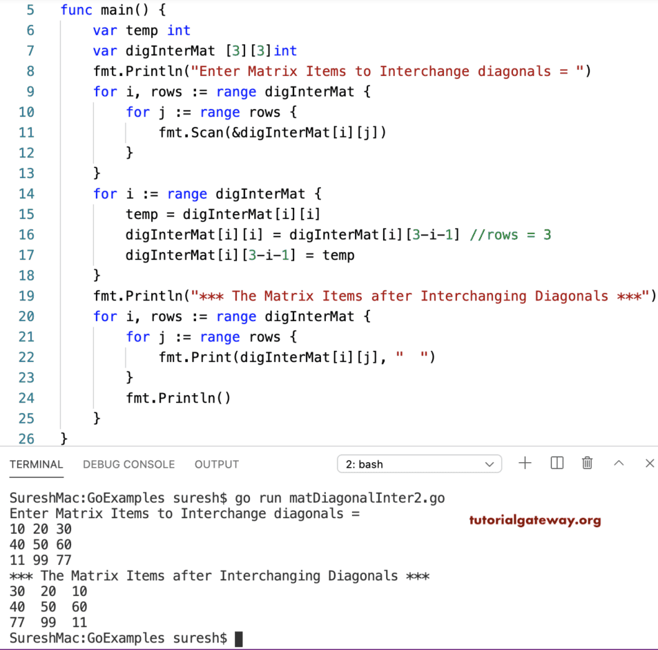 Go Program to Interchange Matrix Diagonals