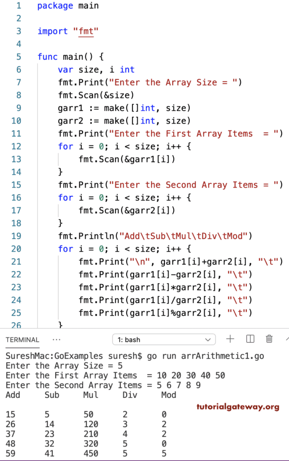 Go Program to Perform Arithmetic Operations on Arrays