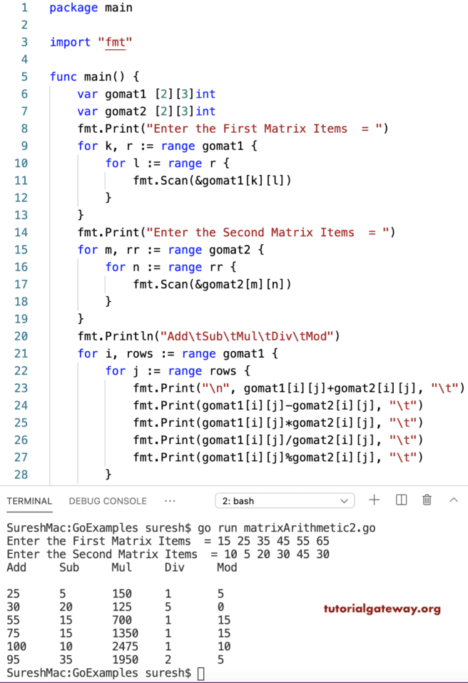 Golang Program to Perform Arithmetic Operations on Matrix