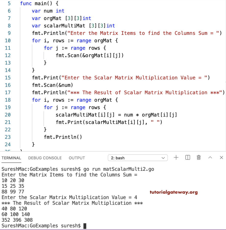 Golang Program to Perform Scalar Matrix Multiplication