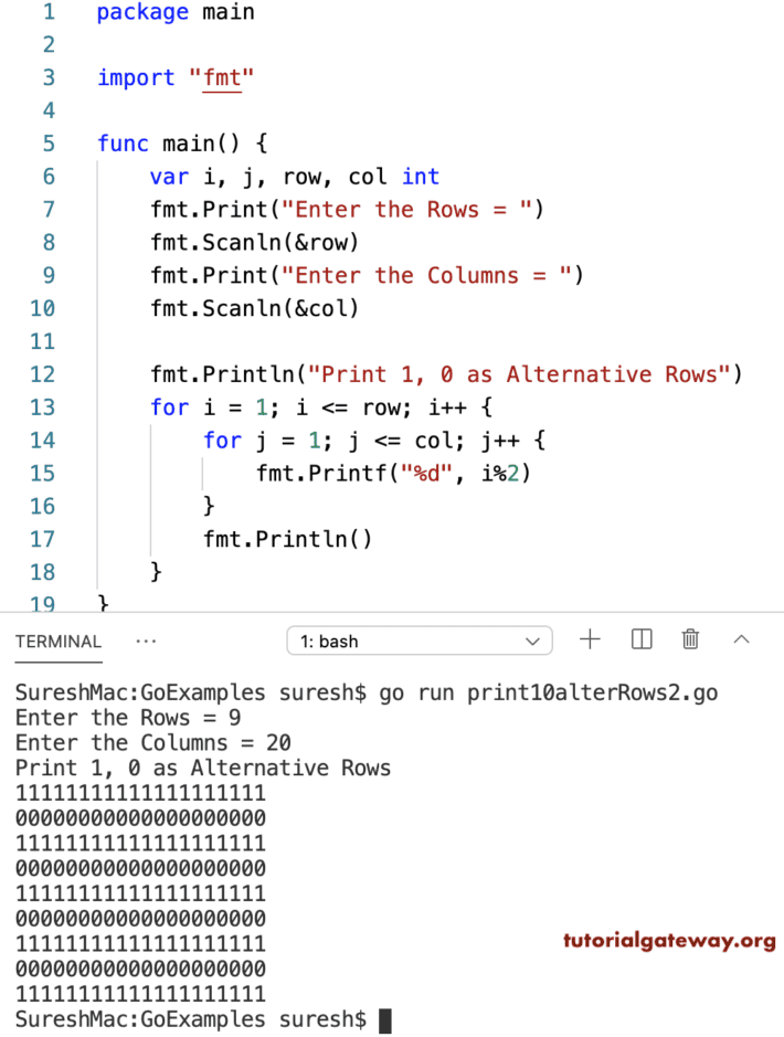 Go Program to Print 1 and 0 in Alternative Rows