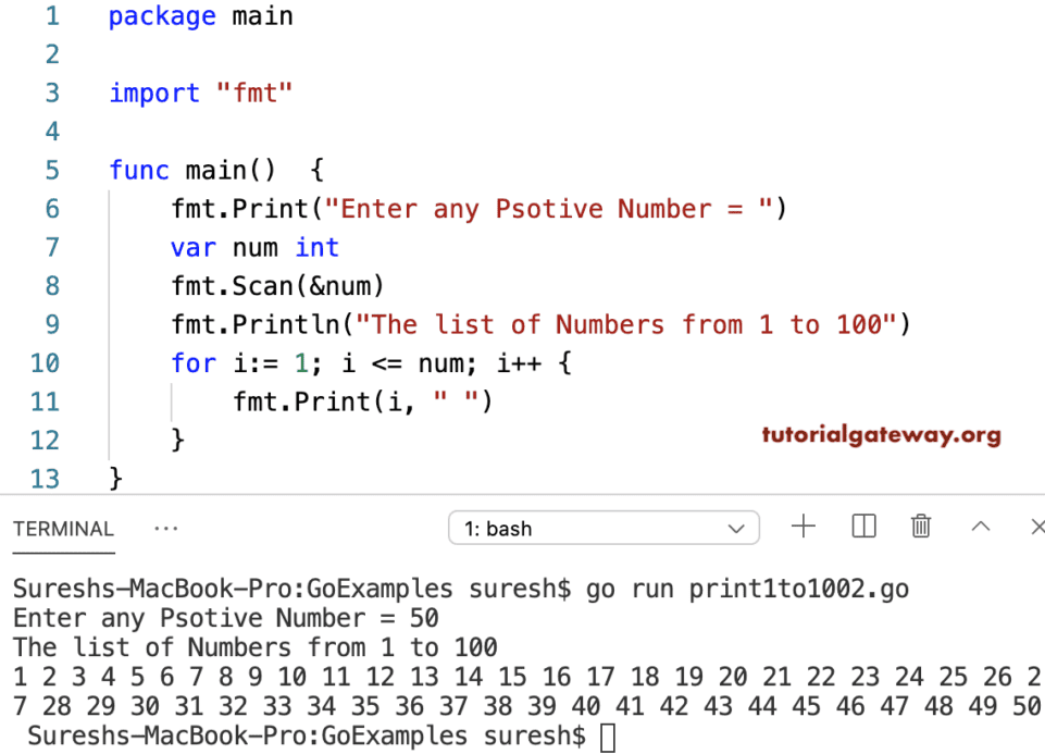 Golang Program to print 1 to 100