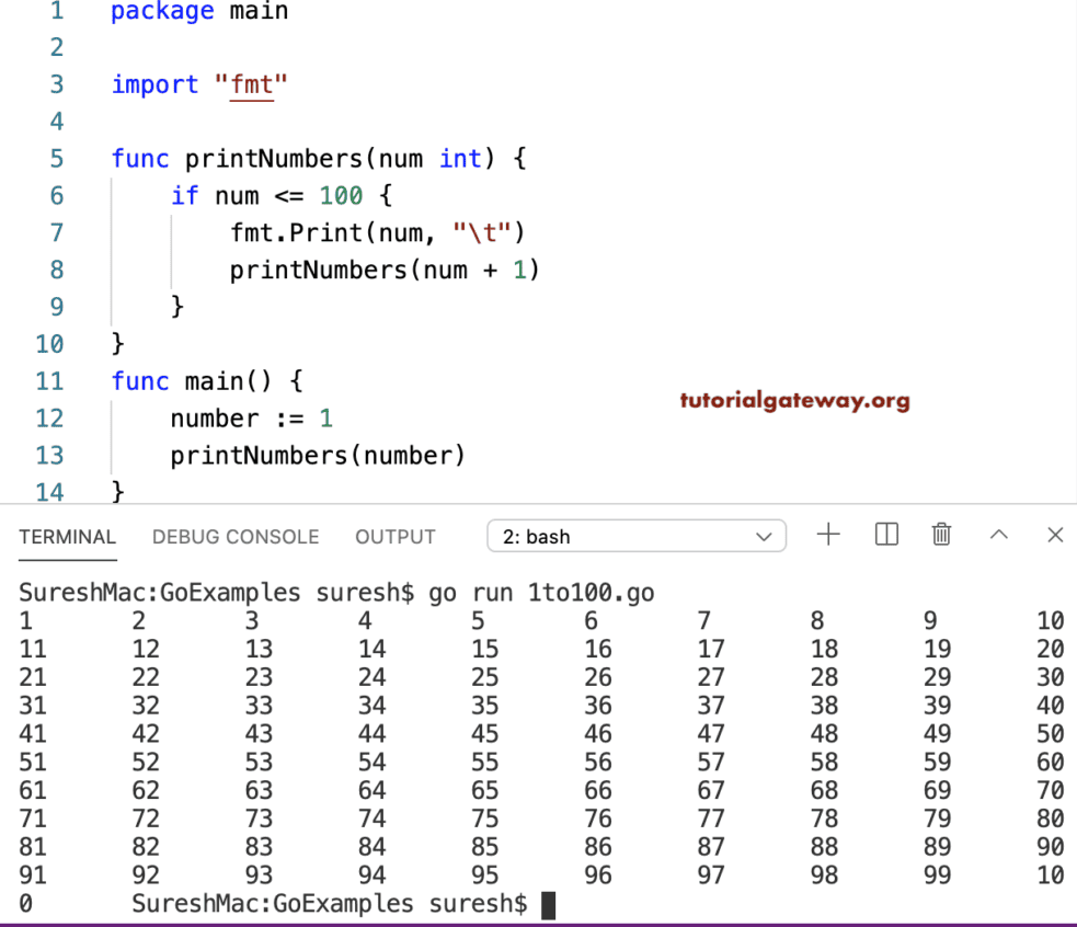 Go Program to Print 1 to 100 without loop