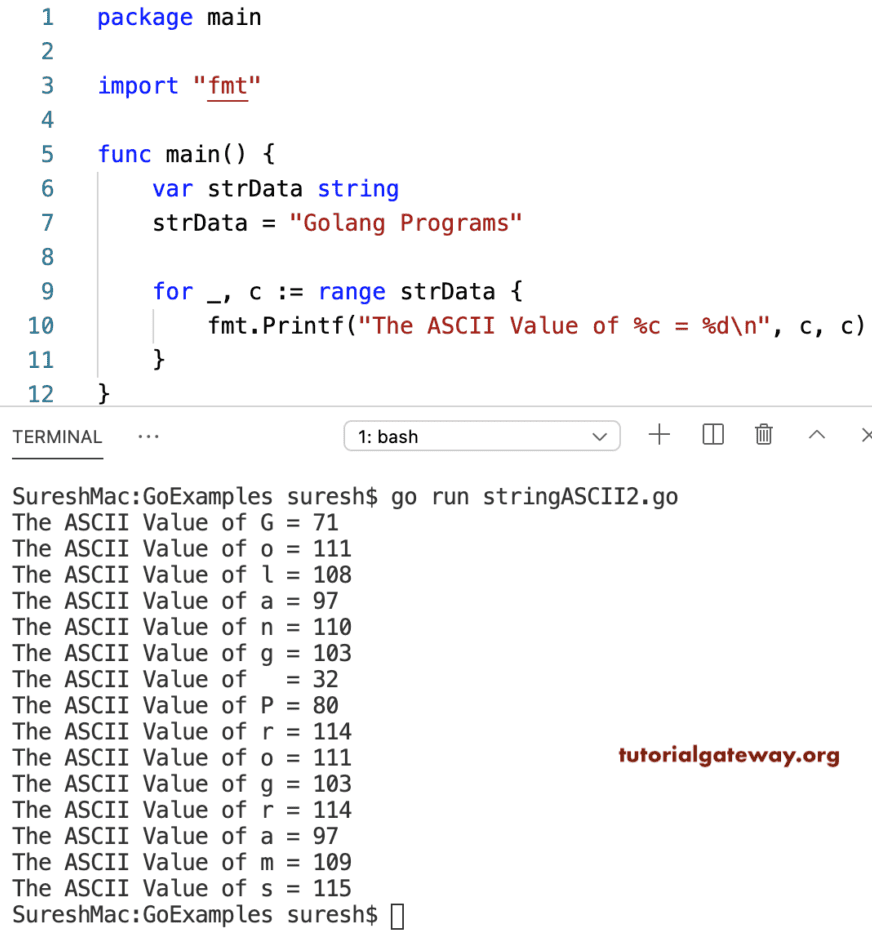 Go Program to Print ASCII Value of String Characters