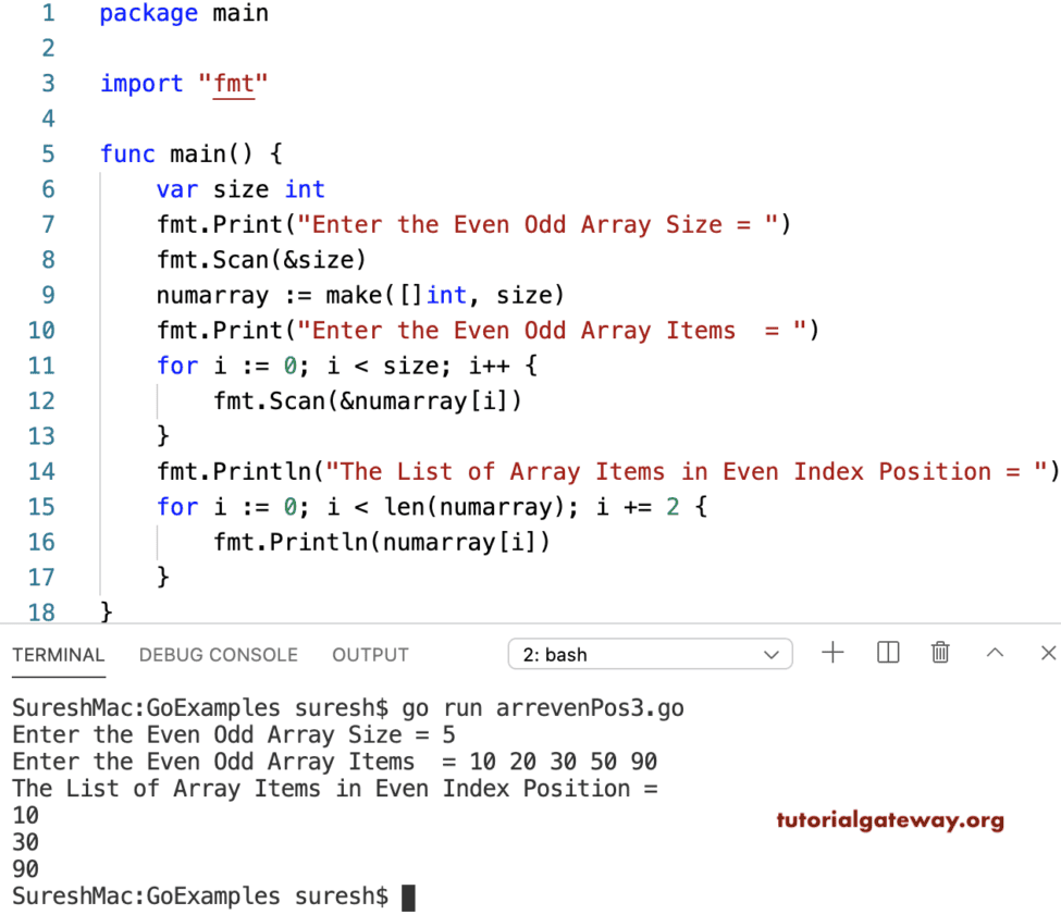 Go Program to Print Array Items in Even Index Position