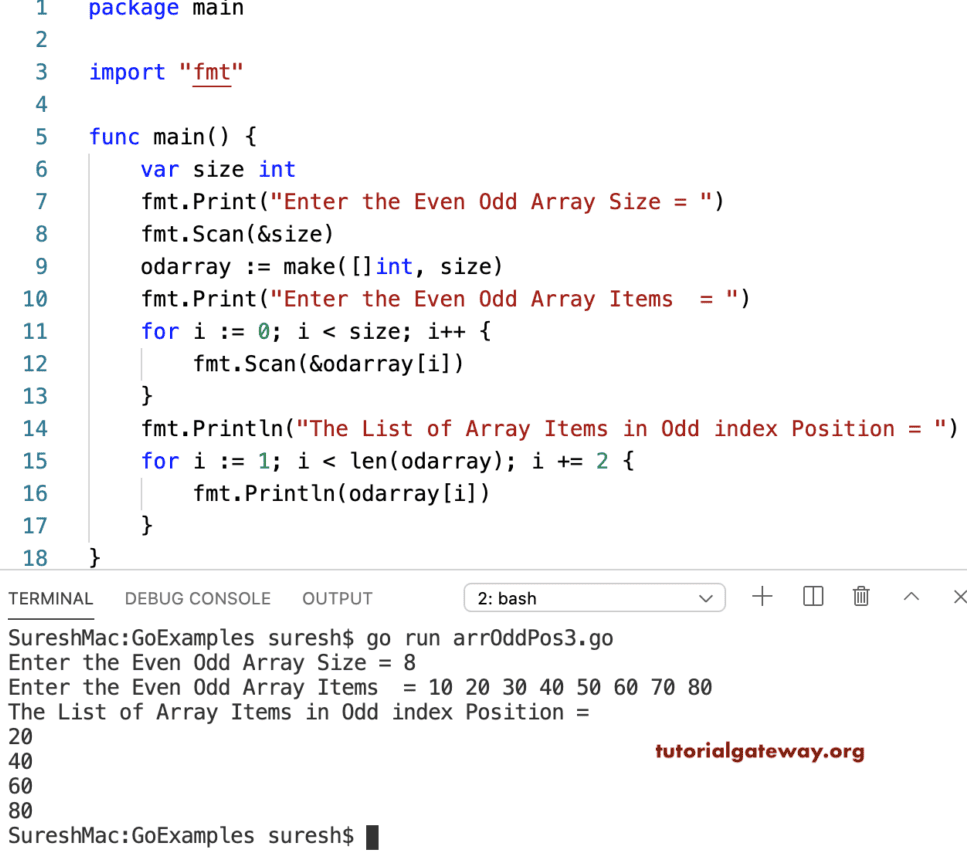 Go Program to Print Array Items in Odd Index Position
