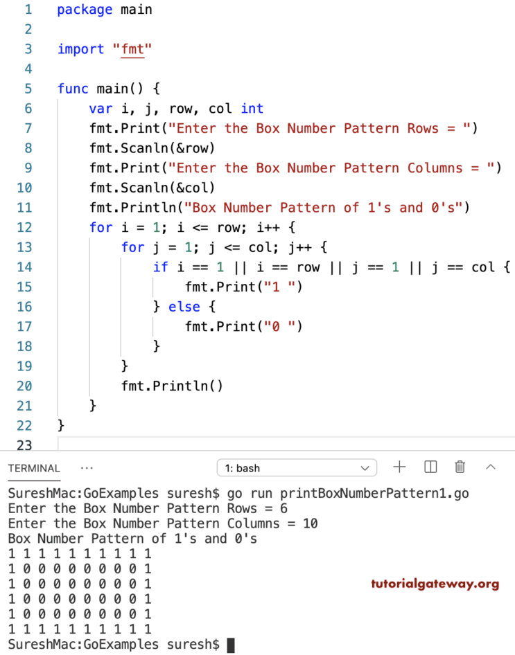 Go Program to Print Box Number Pattern of 1 and 0