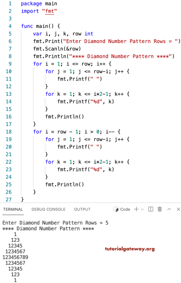 Go Program to Print Diamond Number Pattern