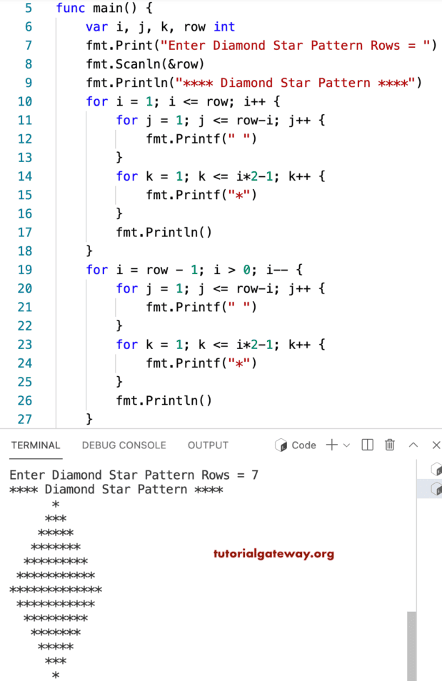 Go Program to Print Diamond Star Pattern