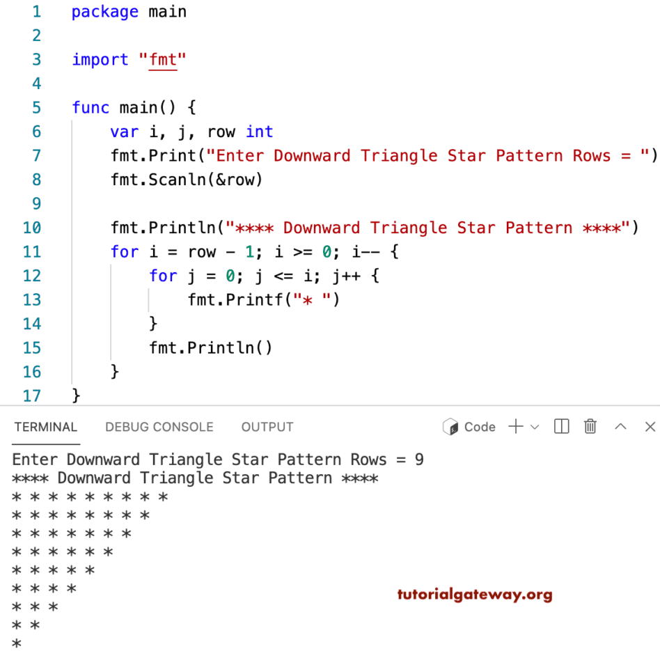 Go Program to Print Downward Triangle Star Pattern