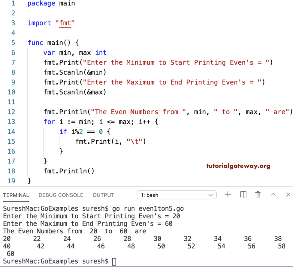 Golang Program to Print Even Numbers