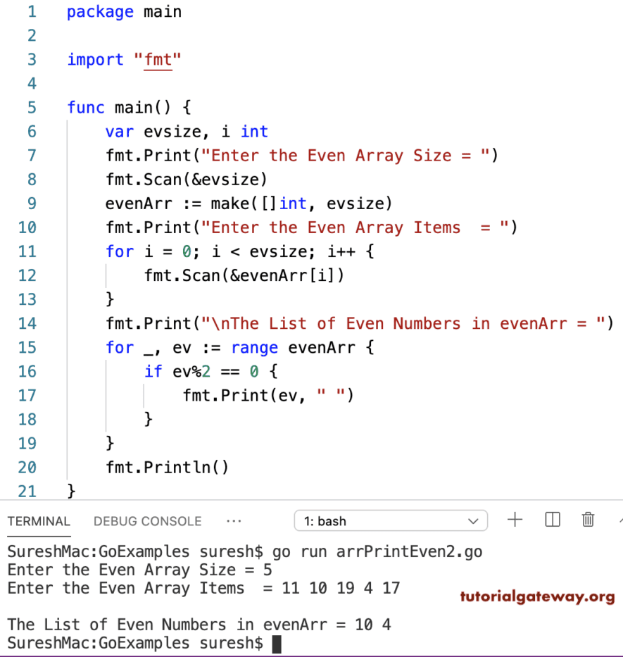 Go program to Print Even Numbers in an Array