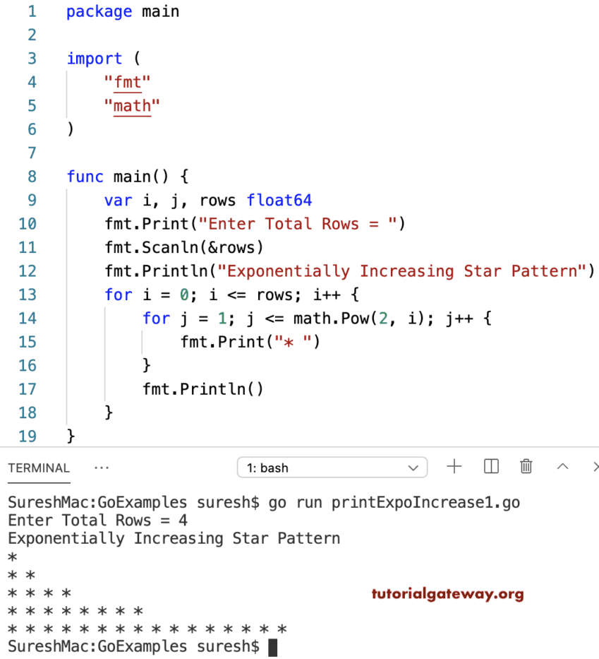 Go Program to Print Exponentially Increased Star Pattern