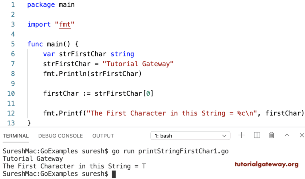 Go Program to Print First Character in a String