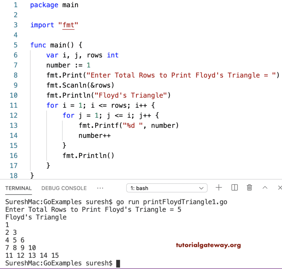 Go Program to Print Floyd's Triangle