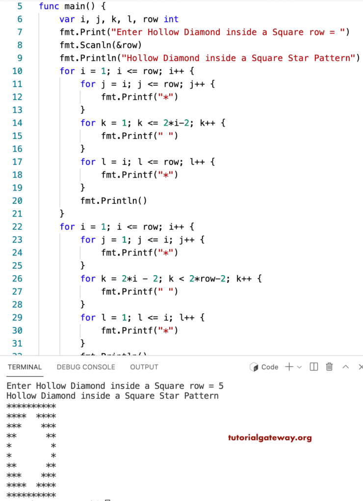 Go Program to Print Hollow Diamond inside a Square Star Pattern
