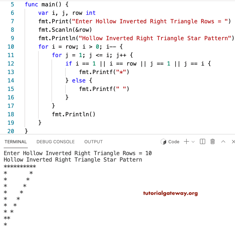 Go Program to Print Hollow Inverted Right Triangle Star Pattern