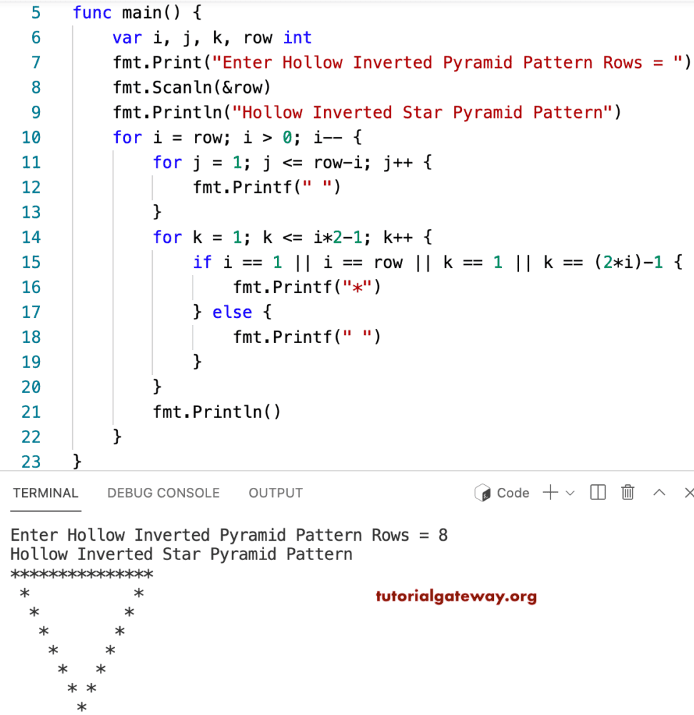 Go Program to Print Hollow Inverted Star Pyramid Pattern