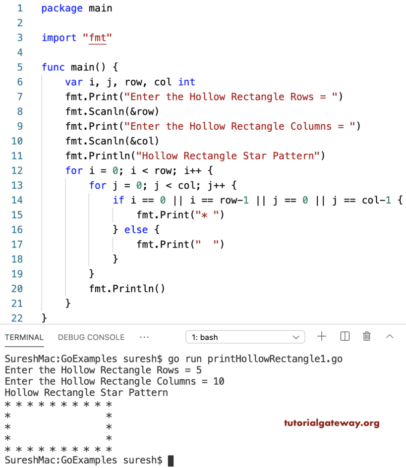 Go Program to Print Hollow Rectangle Star Pattern