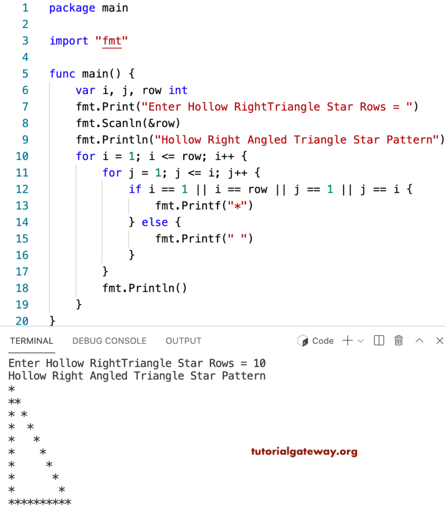 Go Program to Print Hollow Right Angled Triangle Star Pattern