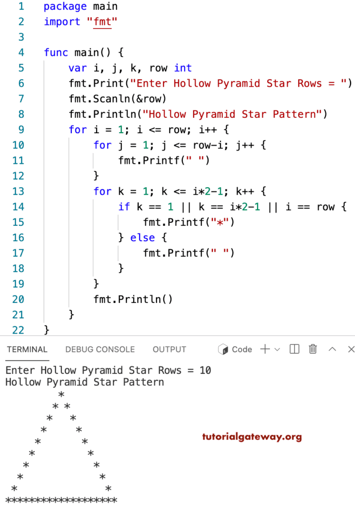 Go Program to Print Hollow Star Pyramid Pattern