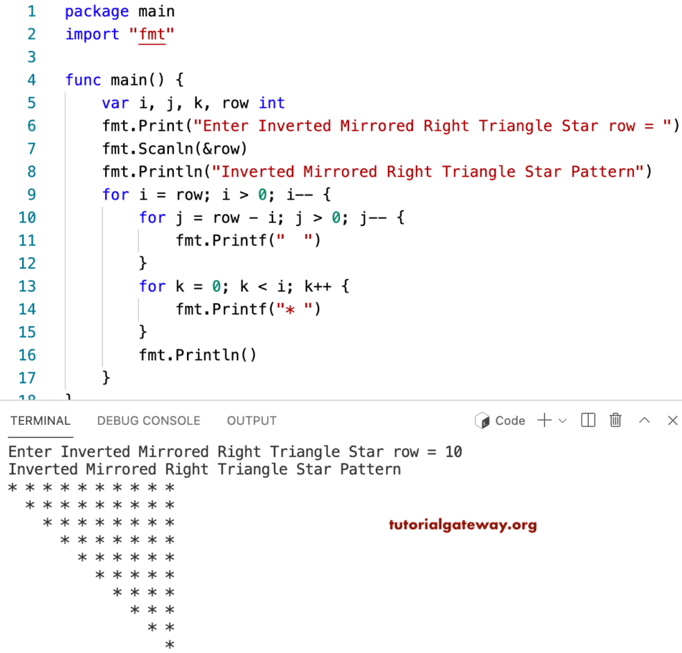 Go Program to Print Inverted Mirrored Right Triangle Star Pattern