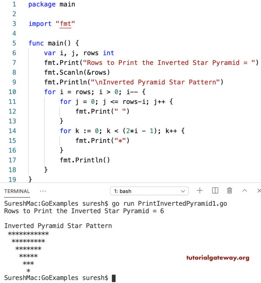 Go Program to Print Inverted Pyramid Star Pattern
