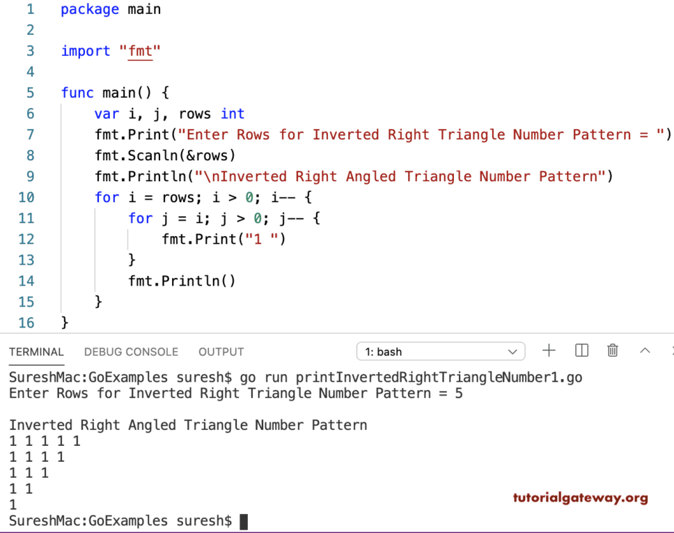 Go Program to Print Inverted Right Triangle Number Pattern