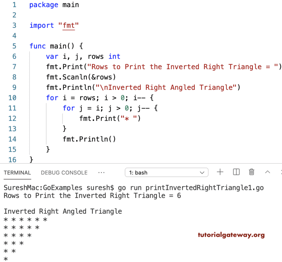 Go Program to Print Inverted Right Triangle Star Pattern