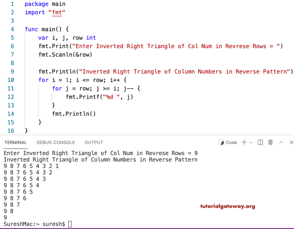 Go Program to Print Inverted Right Triangle of Column Numbers in Reverse