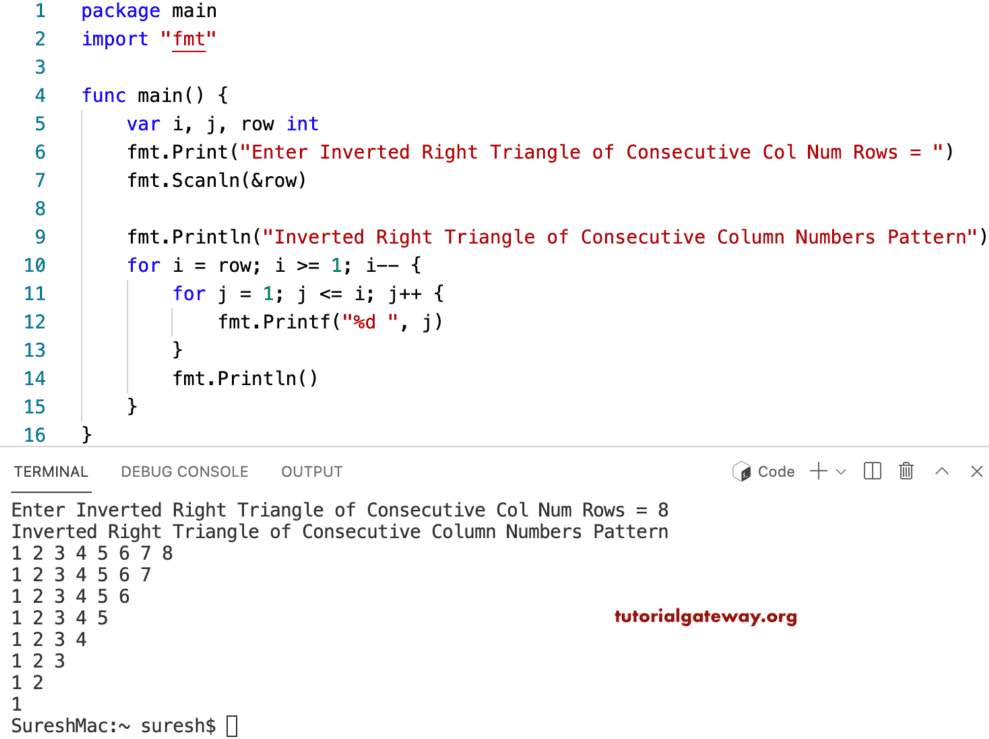 Go Program to Print Inverted Right Triangle of Consecutive Column Numbers