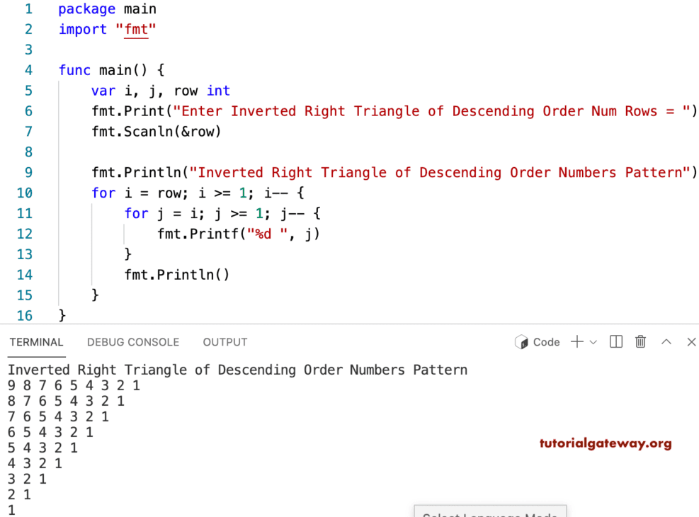 Go Program to Print Inverted Right Triangle of Descending Order Numbers