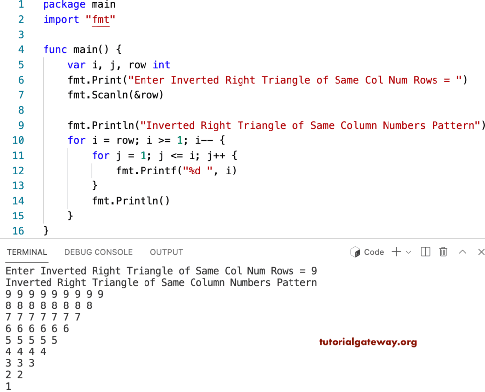 Go Program to Print Inverted Right Triangle of Same Column Numbers