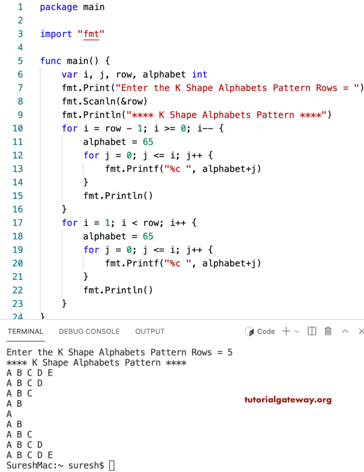 Go Program to Print K Shape Alphabets Pattern
