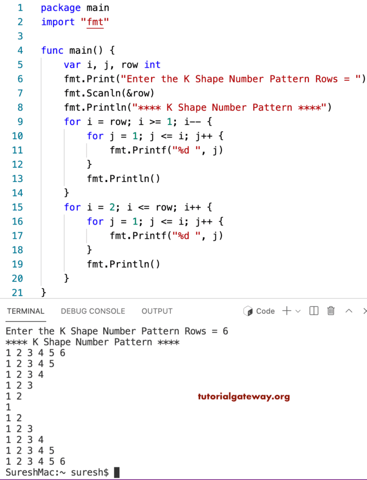 Go Program to Print K Shape Number Pattern