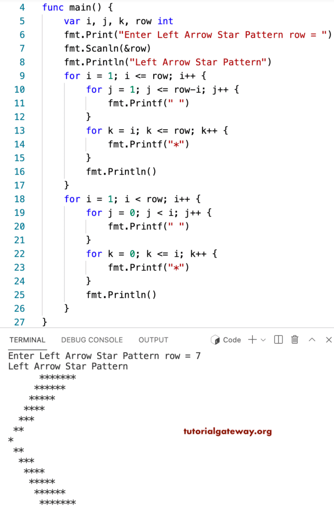 Go Program to Print Left Arrow Star Pattern