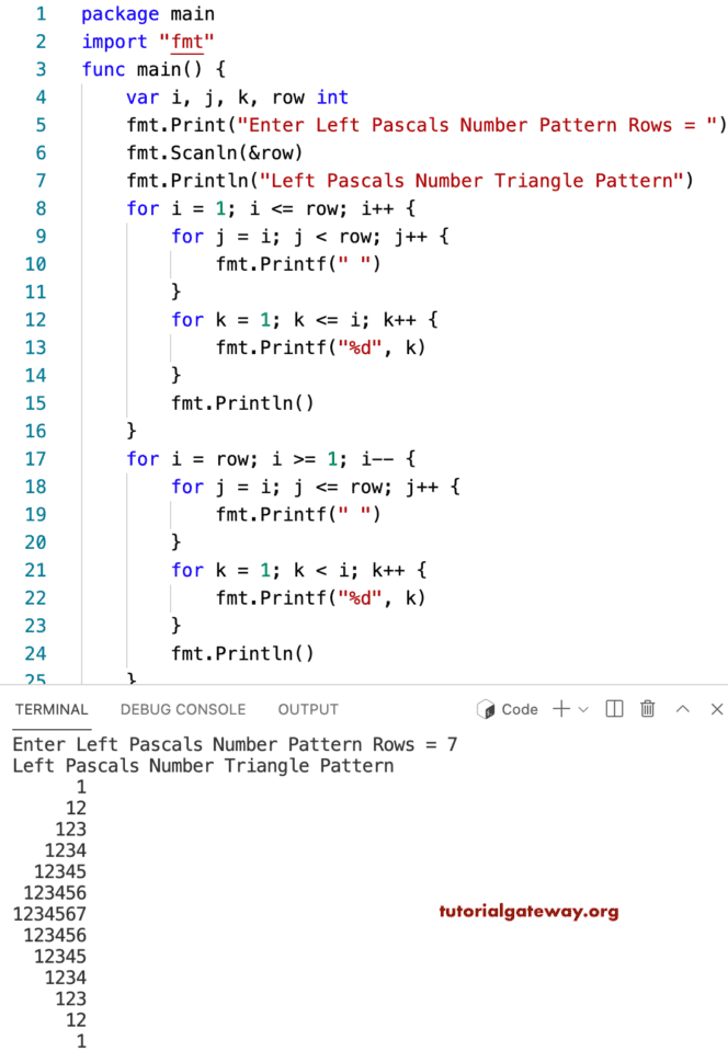 Go Program to Print Left Pascals Number Triangle